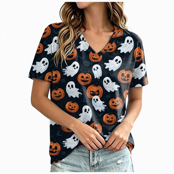 CAUYDY Women Fall Halloween Doodles V Neck Shirt Lady Casual Tee Funny Spooky Season Family Holiday Party Celebration Short Sleeve Tee Pumpkin Top Dark Gray Sizes XL