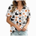 thumbnail image 1 of CAUYDY Women Fall Halloween Doodles V Neck Shirt Lady Casual Tee Funny Spooky Season Family Holiday Party Celebration Short Sleeve Tee Pumpkin Top White Sizes M, 1 of 5