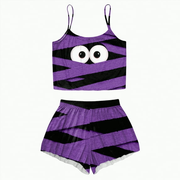 CAUYDY Women Halloween 2 Piece Pajama Set Pumpkin Print Tops with Elastic Waist Shorts Pj Set Comfy Loungewear(A01-Purple,L)