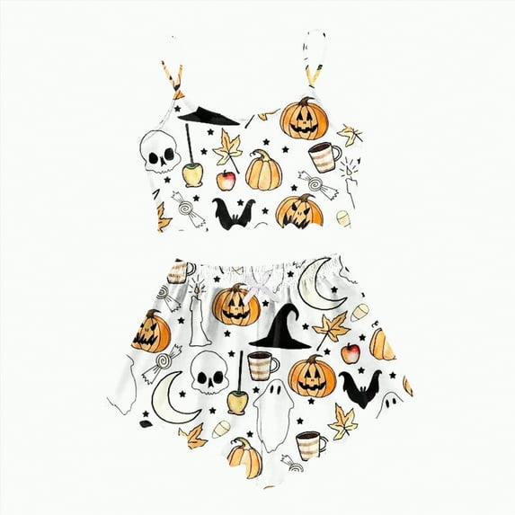 CAUYDY Women Halloween Pajama Set Sleepwear Pumpkin Top and Shorts Sleepwear 2PC Comfy Funny Holiday Set(A02-Beige,L)