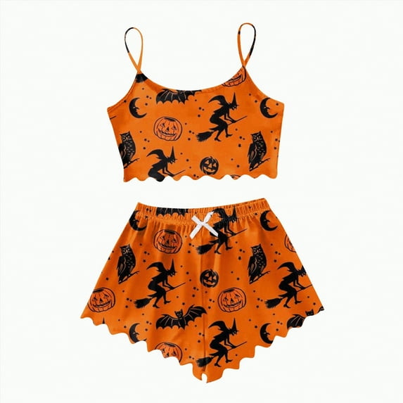 CAUYDY Women Halloween Pajama Set Sleepwear Pumpkin Top and Shorts Sleepwear 2PC Comfy Funny Holiday Set(A02-Orange,S)