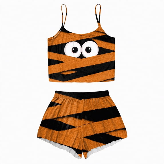 CAUYDY Women Pumpkin Print Pajama Set - Halloween Tank Top High Waist Shorts Loungewear Cute Sleepwear(Black,XL)