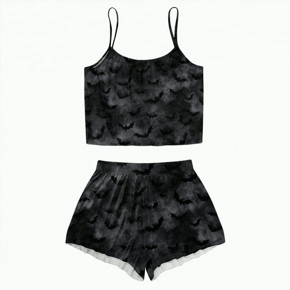 CAUYDY Women Pumpkin Print Pajama Set - Halloween Tank Top High Waist Shorts Loungewear Cute Sleepwear(Dark Gray,L)