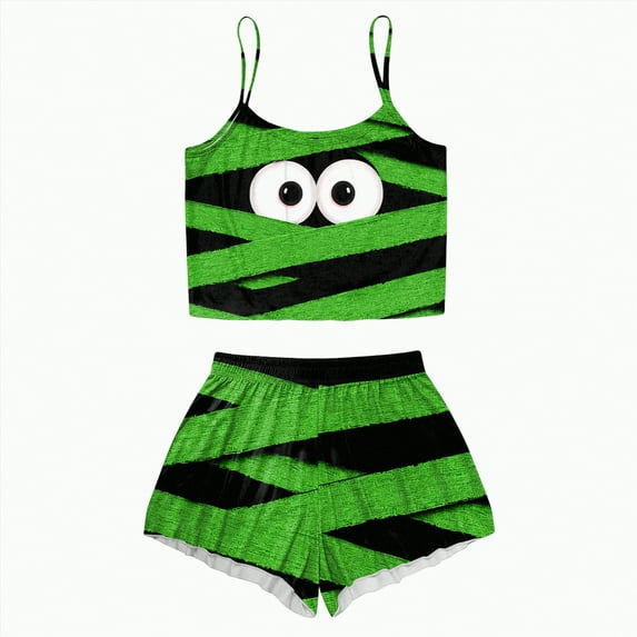 CAUYDY Women Pumpkin Print Pajama Set - Halloween Tank Top High Waist Shorts Loungewear Cute Sleepwear(Green,S)