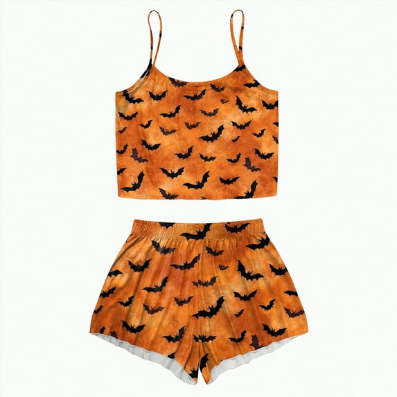 CAUYDY Women Pumpkin Print Pajama Set - Halloween Tank Top High Waist Shorts Loungewear Cute Sleepwear(Orange,M)