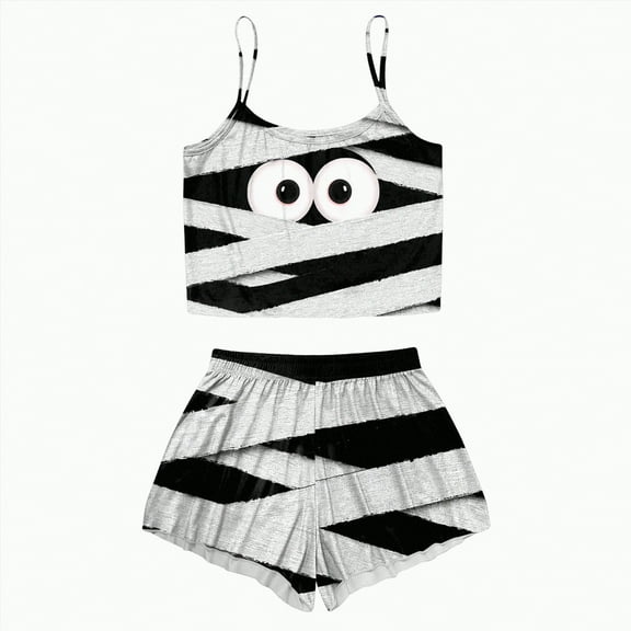 CAUYDY Women Pumpkin Print Pajama Set - Halloween Tank Top High Waist Shorts Loungewear Cute Sleepwear(White,S)