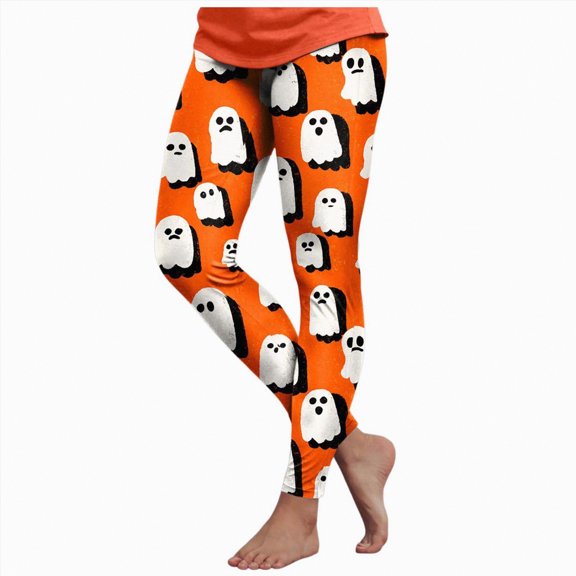CAUYDY Women's Brushed Christmas Halloween Ankle Length Seasonal Printed Leggings(Orange,XXL)