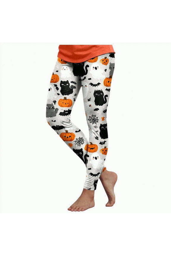 Women's Brushed Christmas Halloween Ankle Length Seasonal Printed Leggings(White,L)