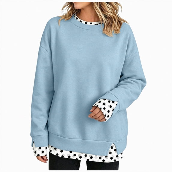 CAUYDY Women's Crewneck Sweatshirt Layered Hem Pullover Top with Ribbed Cuffs Slouchy Street Style Sweatshirts Blue Sizes M