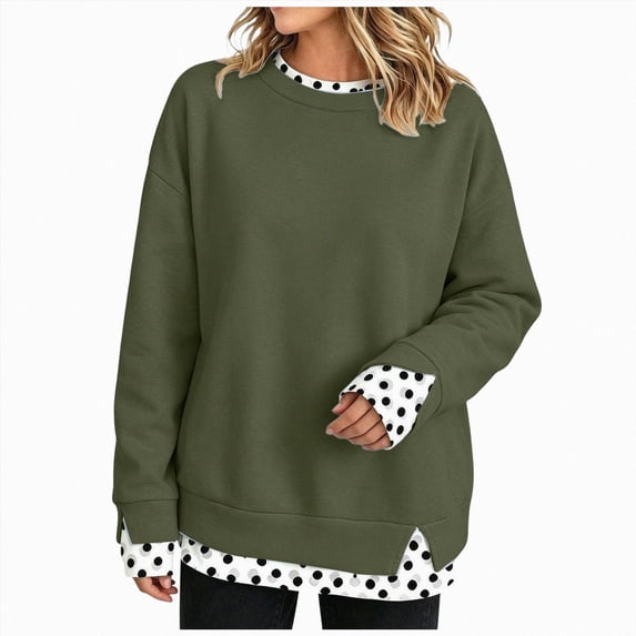 CAUYDY Women's Crewneck Sweatshirt Layered Hem Pullover Top with Ribbed Cuffs Slouchy Street Style Sweatshirts Green Sizes L