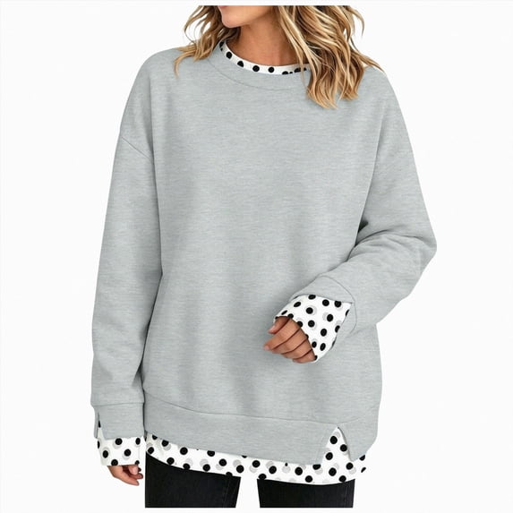 CAUYDY Women's Crewneck Sweatshirt Layered Hem Pullover Top with Ribbed Cuffs Slouchy Street Style Sweatshirts Grey Sizes M