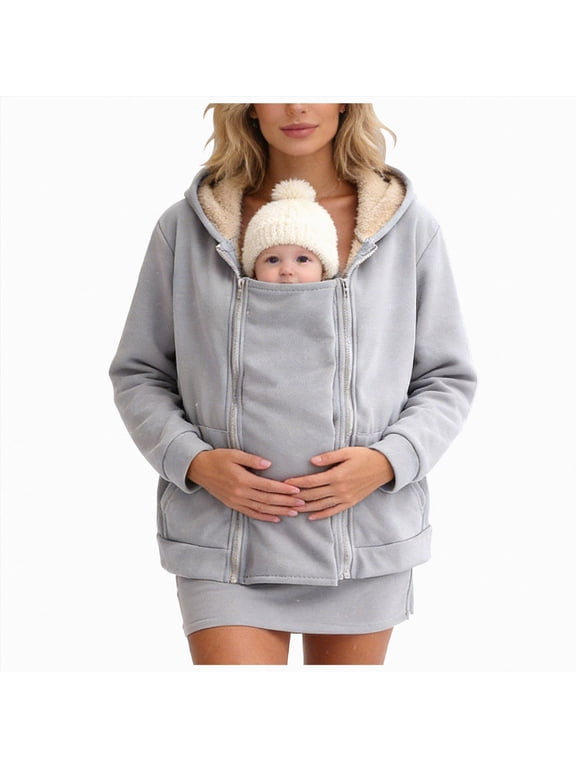 Women's Fleece Zip Up 3 in 1 Maternity Baby Wearing Hoodie Sweatshirt Jacket