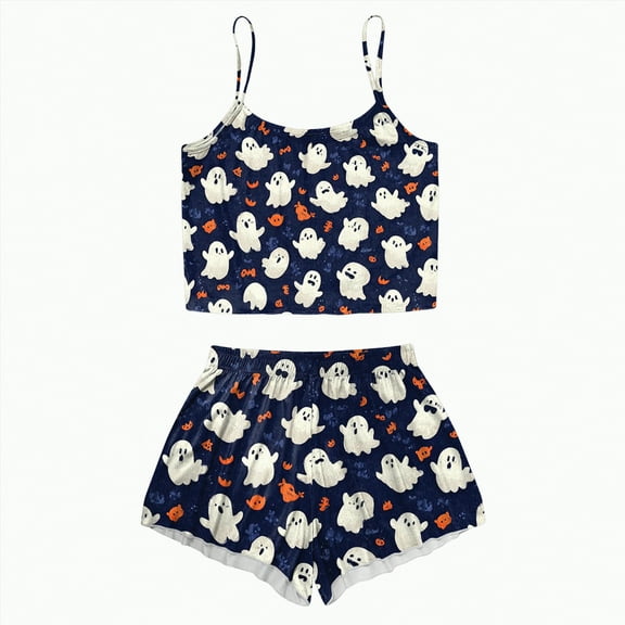 CAUYDY Women's Halloween Comfy Pajamas Sets Cute Ghost Pumpkin Top and Shorts Sleepwear 2PC Comfy Funny Holiday Lounge Set(A02-Navy,S)