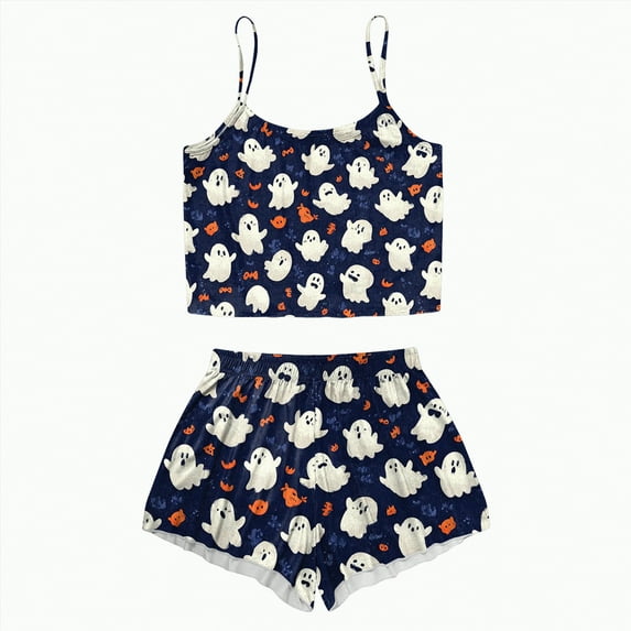 CAUYDY Women's Halloween Comfy Pajamas Sets Cute Ghost Pumpkin Top and Shorts Sleepwear 2PC Comfy Funny Holiday Lounge Set(A02-Navy,XXL)