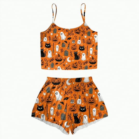 CAUYDY Women's Halloween Comfy Pajamas Sets Cute Ghost Pumpkin Top and Shorts Sleepwear 2PC Comfy Funny Holiday Lounge Set(A02-Orange,M)