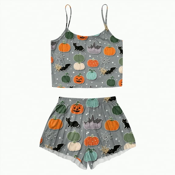 CAUYDY Women's Halloween Cute Printed Top and Shorts Pajamas Set Sleepwear(Grey,M)