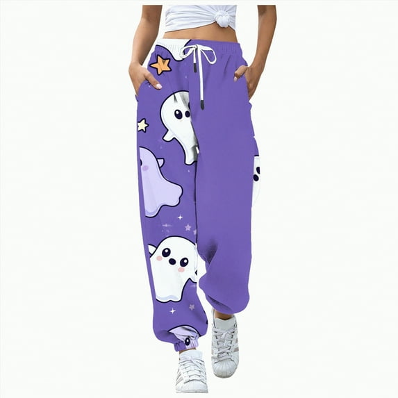 CAUYDY Women's Halloween Graphic Print Elastic Waist Sweatpants Gothic Punk Casual Long Pant Joggers(Purple,XXL)