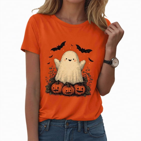 CAUYDY Women's Halloween Shirt: Love Art Patterns Halloween Party T-Shirt Crewneck Short Sleeve(Orange,XL)