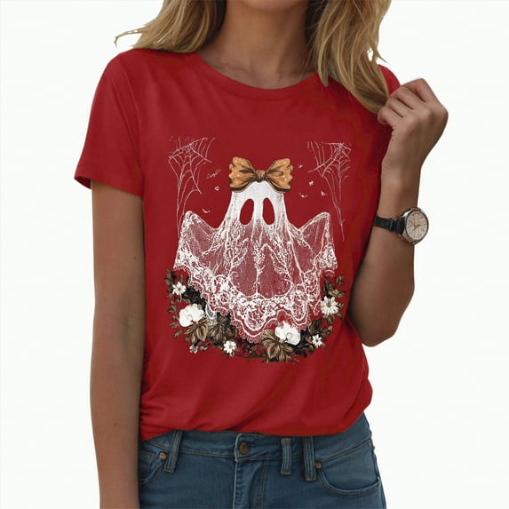 CAUYDY Women's Halloween Shirt: Love Art Patterns Halloween Party T-Shirt Crewneck Short Sleeve(Z02-Red,3XL)