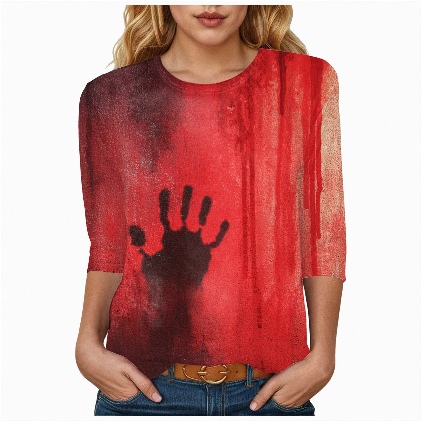 CAUYDY Womens 3/4 Sleeve Tops Spring Summer Crewneck Print Causal Loose ...