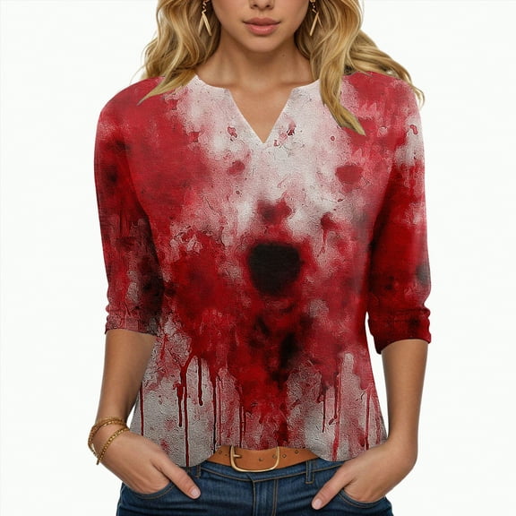 CAUYDY Womens Fall Shirts Halloween V Neck 3/4 Length Sleeve Pumpkin T-Shirts Thanksgiving Graphic Tee Tops(Light Gray,M)