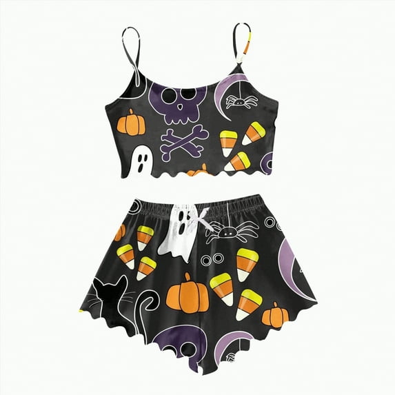 CAUYDY Womens Halloween Pajamas Short Set Pumpkin Skeleton Spooky Printed Top and Shorts Sleeveless Sleepwear(A01-Dark Gray,S)