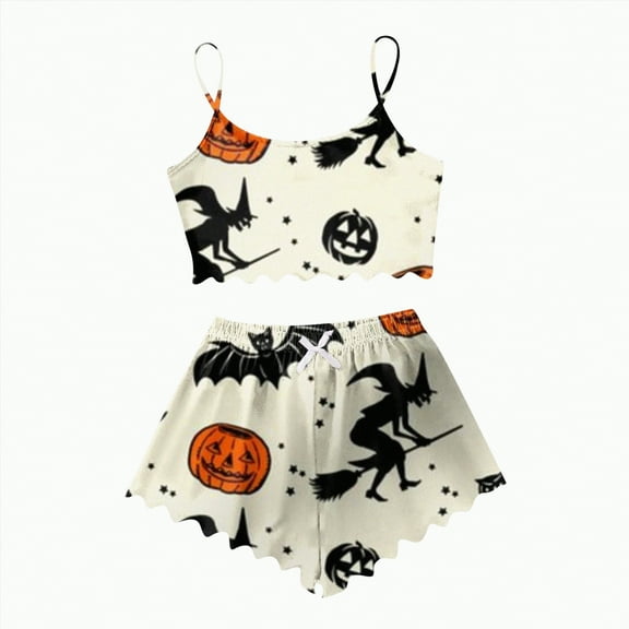 CAUYDY Womens Halloween Pajamas Short Set Pumpkin Skeleton Spooky Printed Top and Shorts Sleeveless Sleepwear(A01-Light Gray,L)