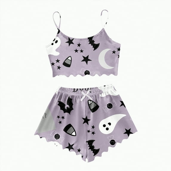 CAUYDY Womens Halloween Pajamas Short Set Pumpkin Skeleton Spooky Printed Top and Shorts Sleeveless Sleepwear(A01-Light Purple,XL)