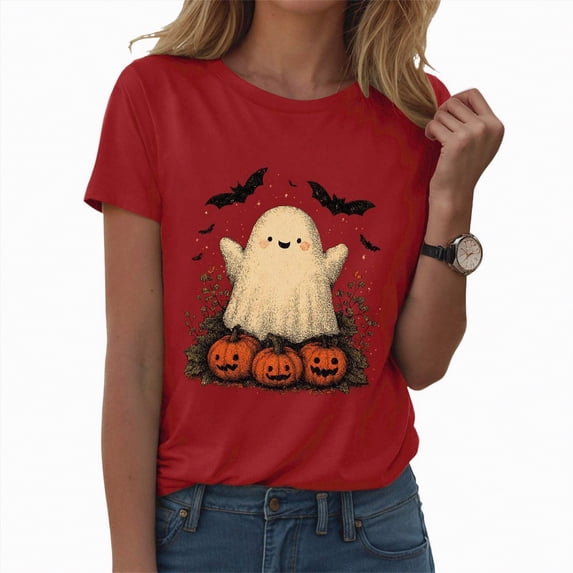 CAUYDY Womens Halloween Pumpkin Shirts Funny Pumpkin Fall Graphic Tees Tops Cute Thanksgiving Casual Short Sleeve(Red,L)