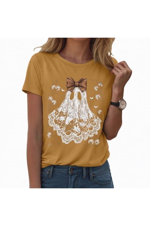 Womens Halloween Shirts Vintage Graphic Tees Funny Ghost Printed Cute Tops Casual Pumpkin Shirt Skull Teen Girl Clothes(Z03-Yellow,3XL)
