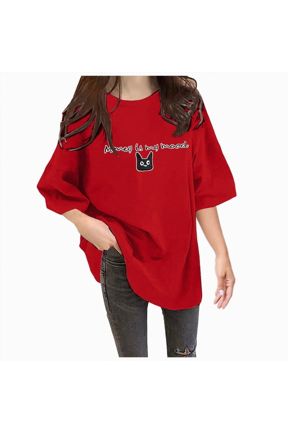 Womens Oversized Summer T-Shirts Plus Size Heart Cat Pattern Half Sleeves Workout Tops(L101-Red,XXL)
