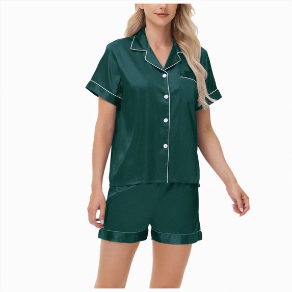 CAUYDY Womens Satin Pajama Set Silk Pj Short Sets 2 Piece Loungewear Soft Button Down Sleepwear,M