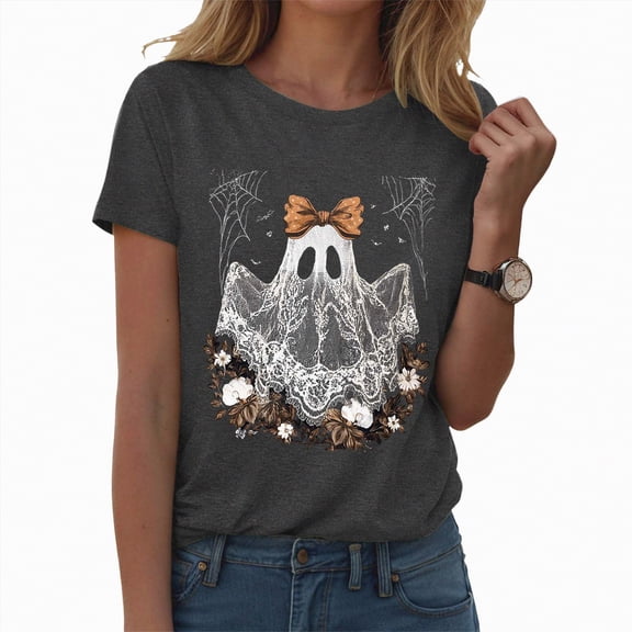 CAUYDY Womens Spooky Halloween Shirts Cute Short Sleeve Funny Pumpkin Graphic Tee Ghost Tops Halloween Fall(Z02-Grey,XXL)