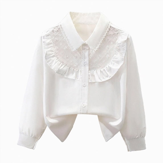 CAUYDY Youth Girls Long Sleeve Ruffle School Uniform Button Down Shirts Western Blouse Tops Fall Beige Sizes 13-14 Years