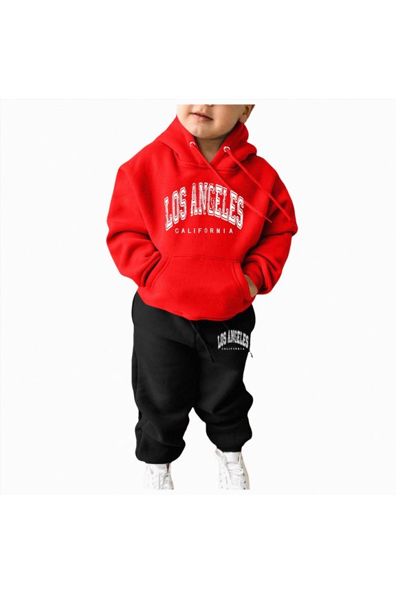 Boys Girl's 2 Piece Outfits Los Angeles Print Long Sleeve Hooded Sweatshirt and Pants Set(L101-Red,6-7 Y)