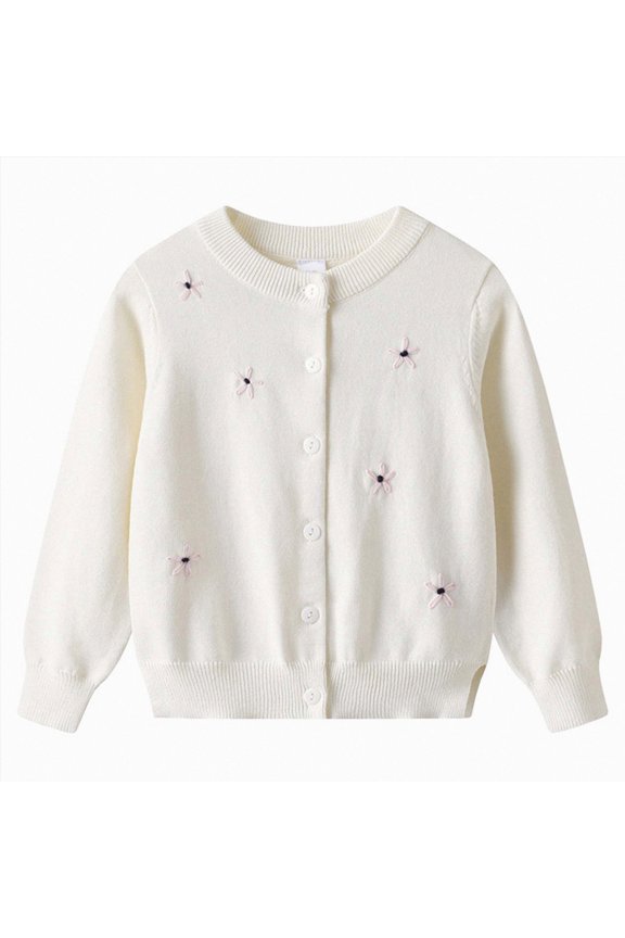 Girl's Cardigan Toddler Tween Girl Sweater Long Sleeve Flower Embroidery Cardigan Sweaters Blouse Jacket for 1-14T(L101-White,3-4 Y)