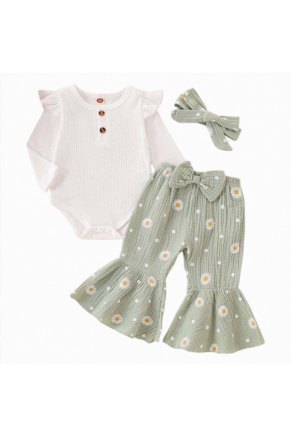 Newborn Baby Girl Clothes Rib Frill Long Sleeve Romper Daisy Flared Pants Headband Set 3pcs Fall Winter Outfits(L101-Light Green,2-3 Y)