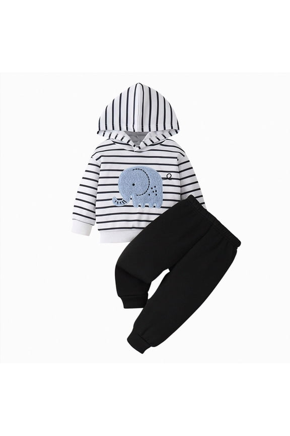Toddler Baby Boy Fall Outfit Set Stripe Long Sleeve Fleece Embroidered Elephant Hoodie Jogger Pants Infant Clothes0-3 ML101-White,12-18 M)