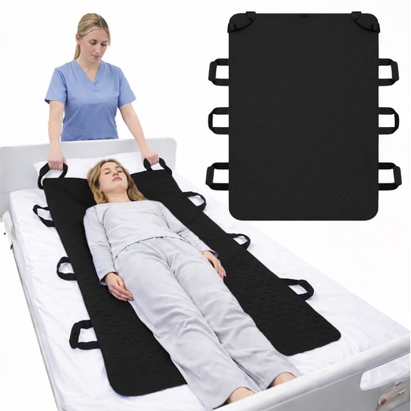 CAVENDY Positioning Bed Pad Waterproof Fabric (Black) | With 8 Reinforced Handles and 4 Soft Handle Pads,Slide Sheets for Moving Patient,Double-layer,Machine Washable and Reusable