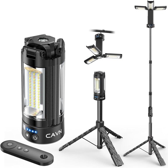 CAVN Rechargeable Camping Lights with Remote & Detachable Tripod Max Height 6.7 ft, Portable Work Light with 3 LED Lamp Heads, Camping Essentials Gear Emergency Flashlight with Hook, Orange