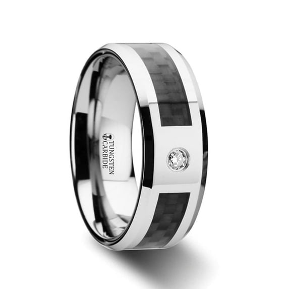 CAYMAN Tungsten Carbide Ring with Black Carbon Fiber and White Diamond Setting with Bevels - 8mm