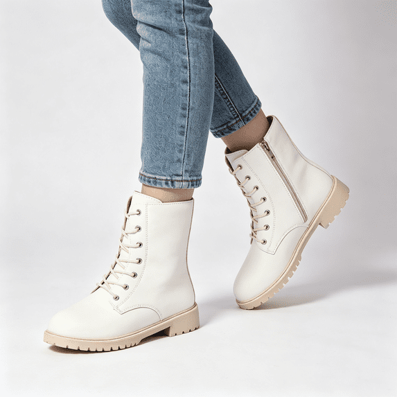 CAZOFW Combat Boots for Women Lace Up Mid Calf Boots with Side Zipper and Chunky Heel