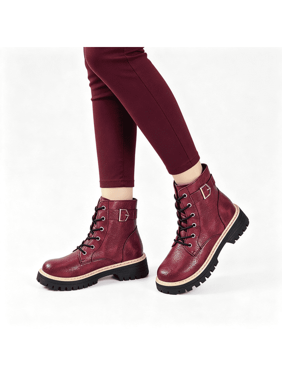 Flatform Boots for Women Round Toe Combat Ankle Boots with Laces and Buckle