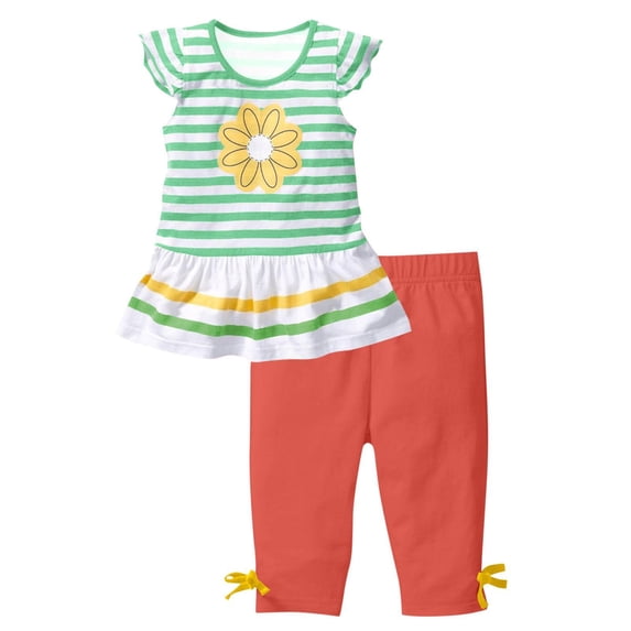 CAZOFW Girls Outfit Sets,Summer Daisy Print Striped Ruffle Sleeve Top and Capri Pants,2 Piece,Size 7-8 Years