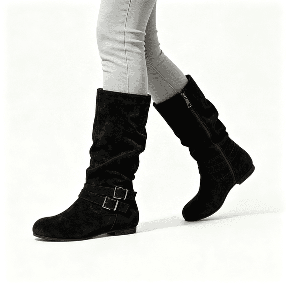 CAZOFW Knee High Boots for Women Buckle Side Zip Boots with Low Block Heel