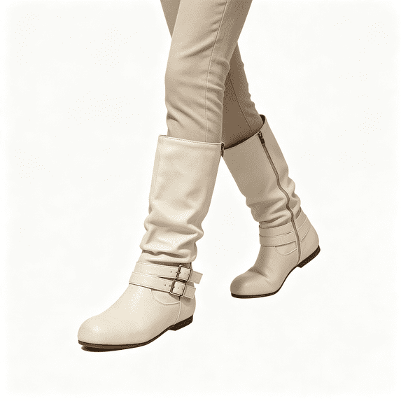CAZOFW Knee High Boots for Women Buckle Side Zip Boots with Low Block Heel