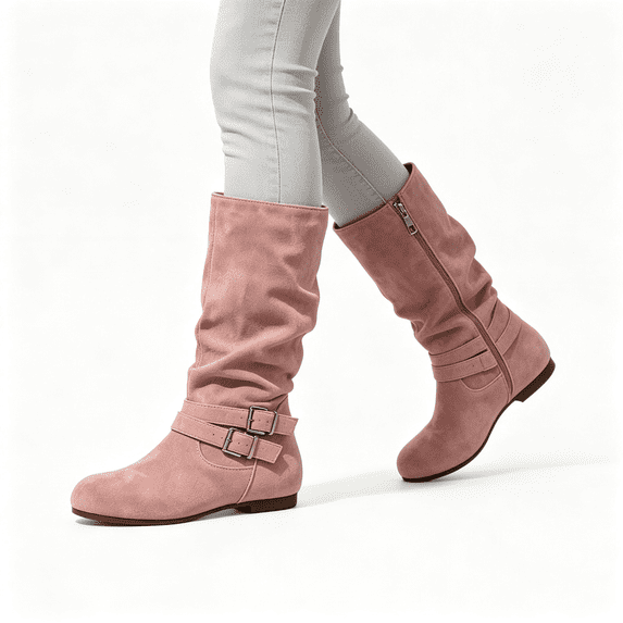 CAZOFW Knee High Boots for Women Buckle Side Zip Boots with Low Block Heel