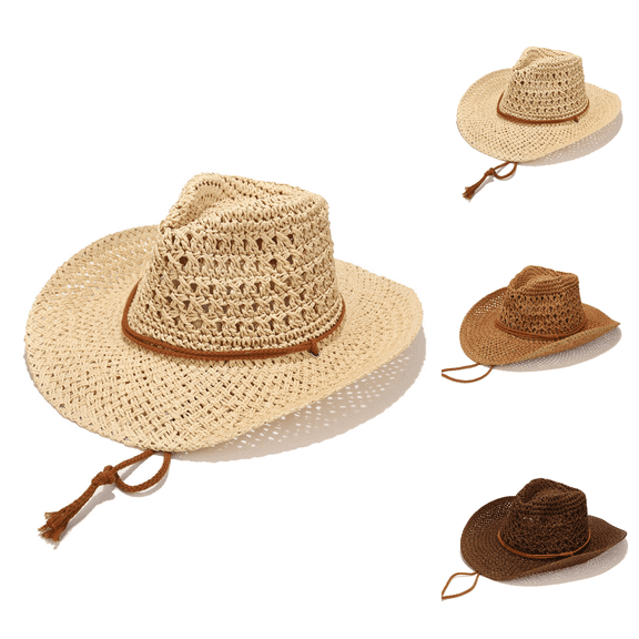 CAZOFW Men's Straw Cowboy Hat, Wide Brim Western Sun Hat with Chin Cord for Outdoor Wear