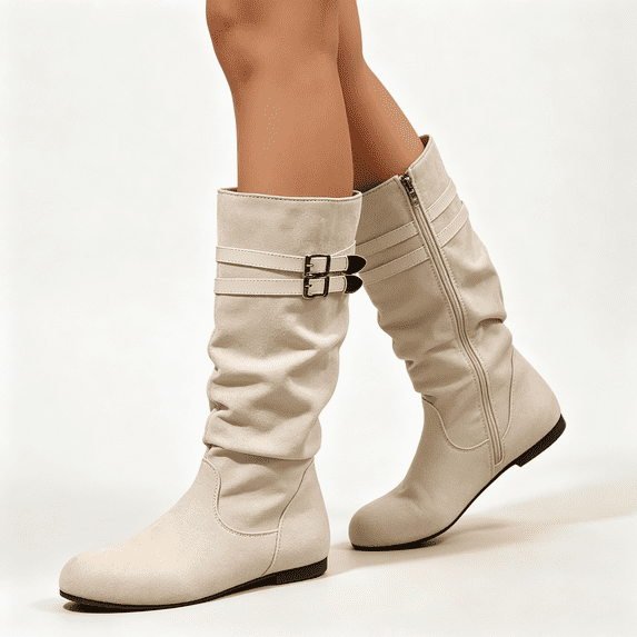 CAZOFW Mid Calf Boots for Women Slouchy Side Zip Boots with Buckle and Low Heel