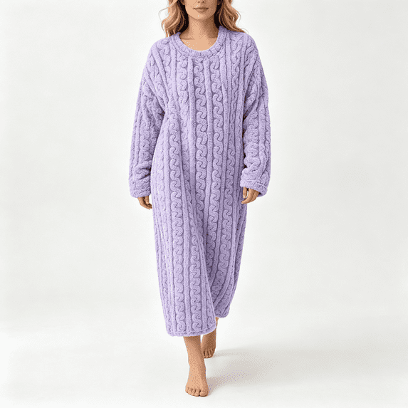 CAZOFW Nightgown Women,Flannel Long Sleeve Warm Pajama Dress Cozy Sleep Robe Loose Fleece Lounge Wear Sizes S-M